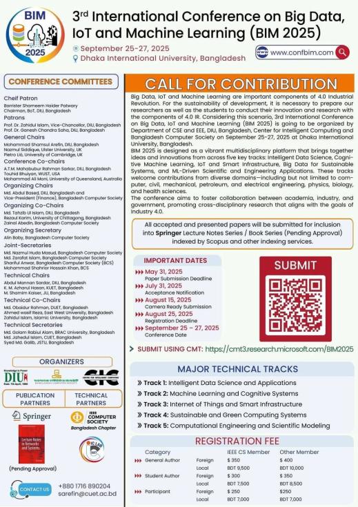 3rd International Conference on Big Data, IoT, and Machine Learning (BIM 2025)